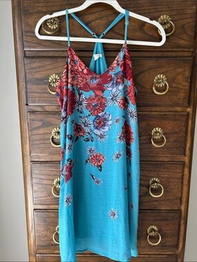 Maurices Turquoise Floral Mini Dress with Red and Purple Accents